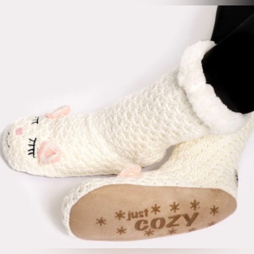 Just Cozy Slipper Socks Cream White & Pink Cat Face Sz 5-8 NWT
